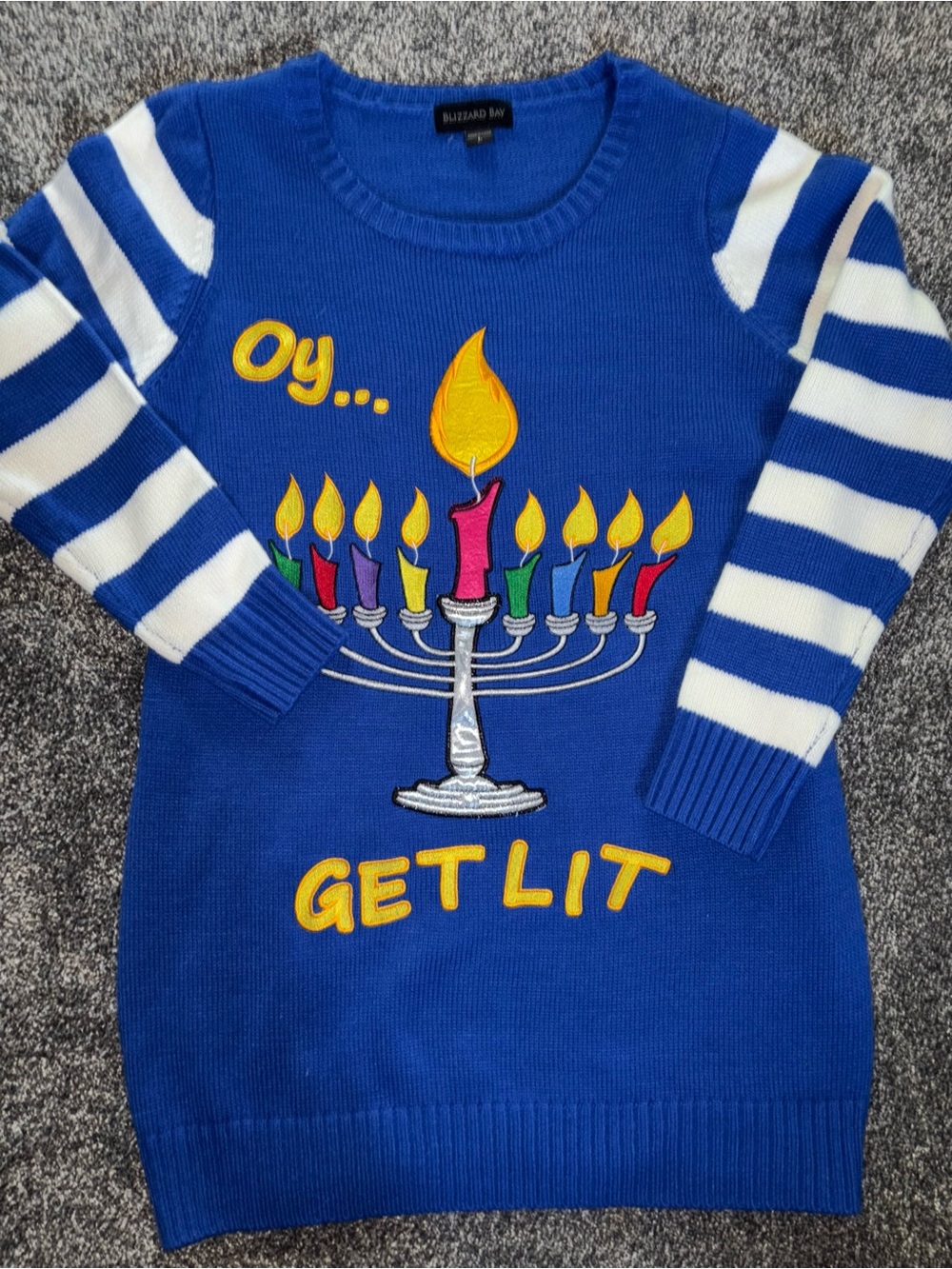 Blizzard Bay "Get Lit" blue ugly Hanukkah sweater ~women’s large~